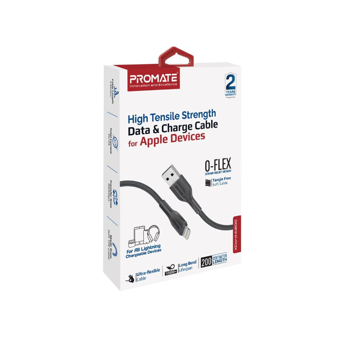 PROMATE 2M USB-A to Lightning Connector Super Flexible Cable. Supports 2A Chargi