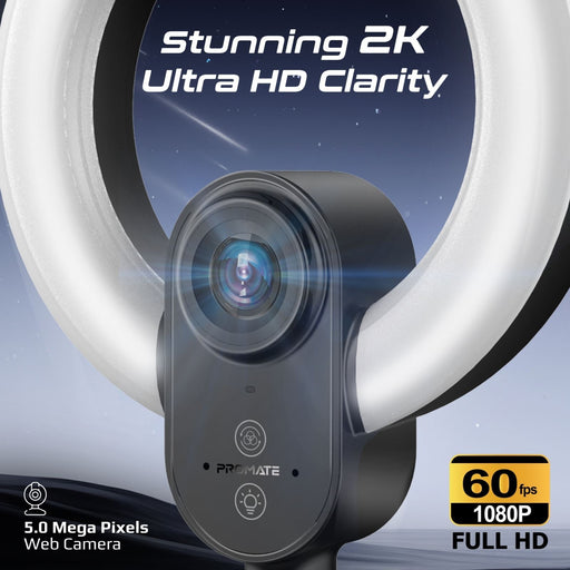 PROMATE 2K 5MP UHD Webcam with Built-in Microphone, Ring Light & Detachable Trip