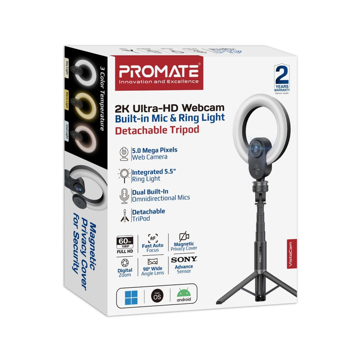 PROMATE 2K 5MP UHD Webcam with Built-in Microphone, Ring Light & Detachable Trip
