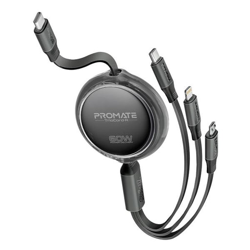 PROMATE 1.1m 3in1 Ultra-Fast USB-C Retractable Multi-Connector Cable. Supports 6
