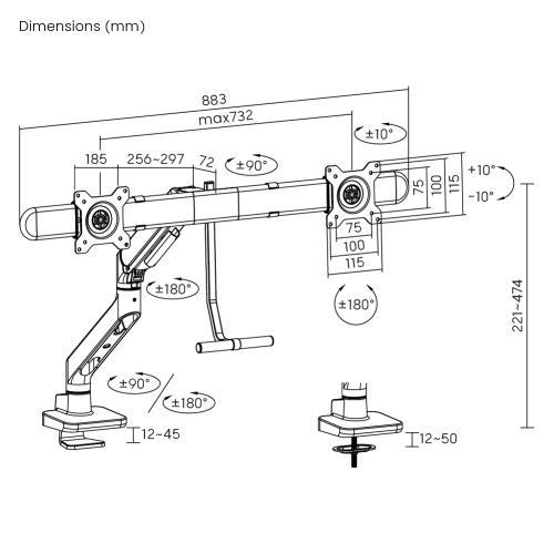 Brateck 17''-32'' Gas Spring Dual Monitor Arm. Detachable VESA Built-in Cable