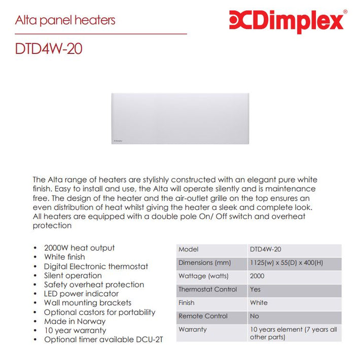 Dimplex 2KW 2000W Alta Top Outlet Panel Heater DTD4W-20