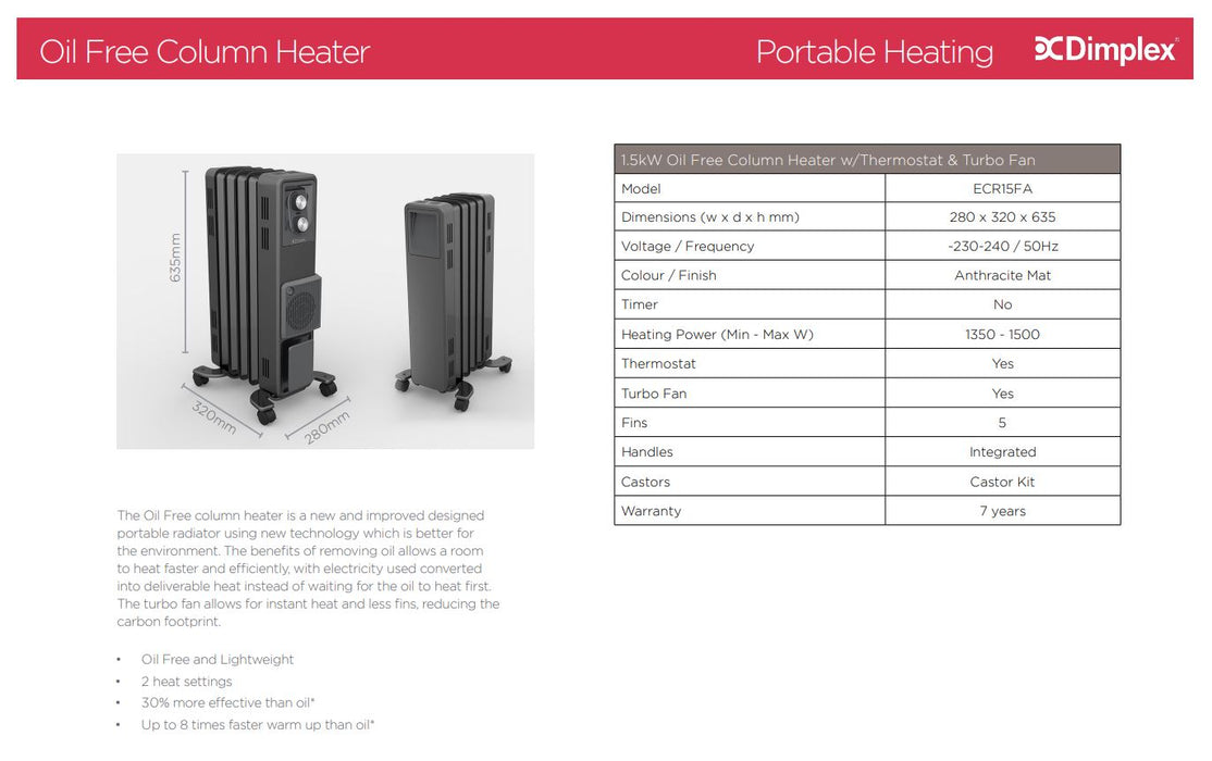 Dimplex 1.5kW Oil Free Column Heater with Thermostat & Turbo Fan ECR15FA