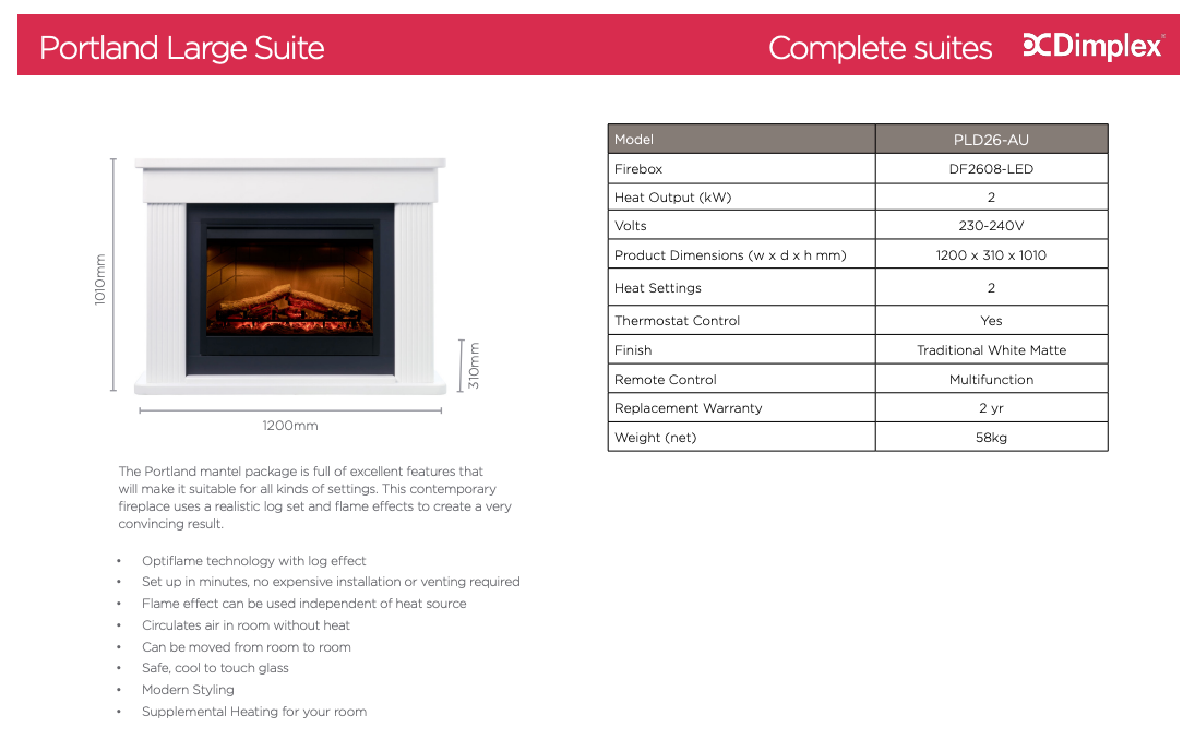 Dimplex Portland 2kW Large Electric Fire Fireplace Suite