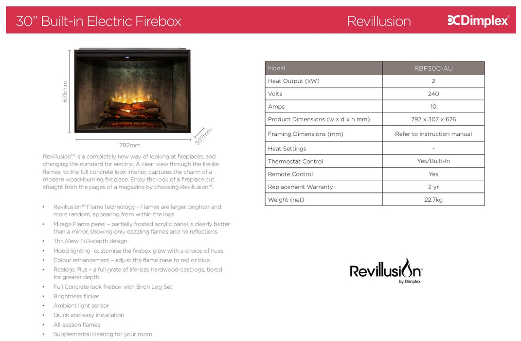 Dimplex Revillusion 30" Electric Firebox Fireplace RBF30C-AU