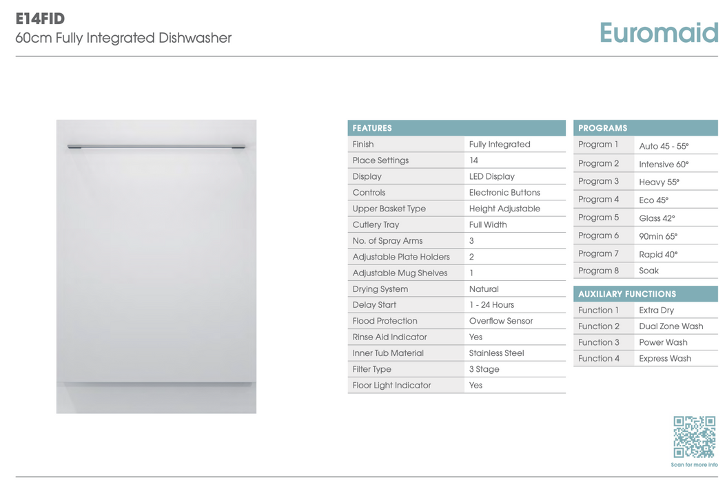 Euromaid 60cm Fully Integrated Dishwasher E14FID