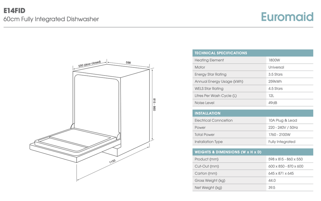 Euromaid 60cm Fully Integrated Dishwasher E14FID