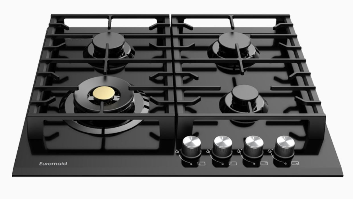 Euromaid 60cm Gas WOK Cooktop with 4 Burners, Black Glass  EC64GB