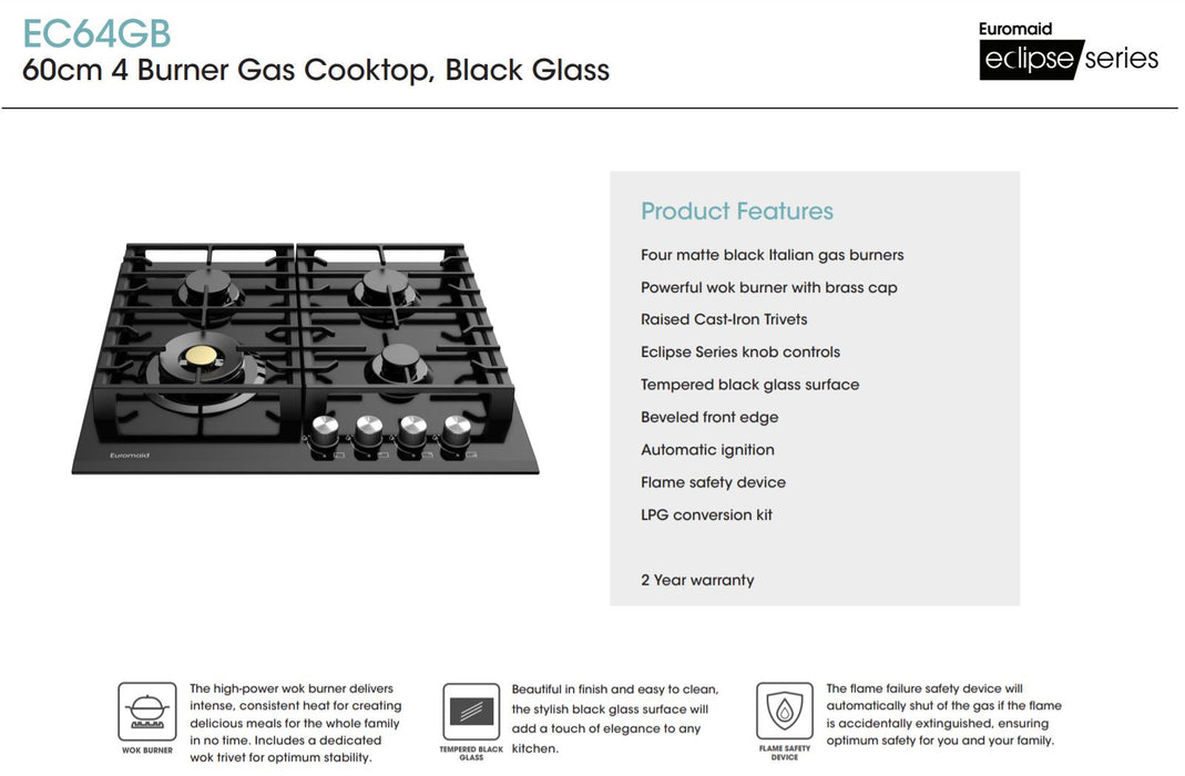 Euromaid 60cm Gas WOK Cooktop with 4 Burners, Black Glass  EC64GB