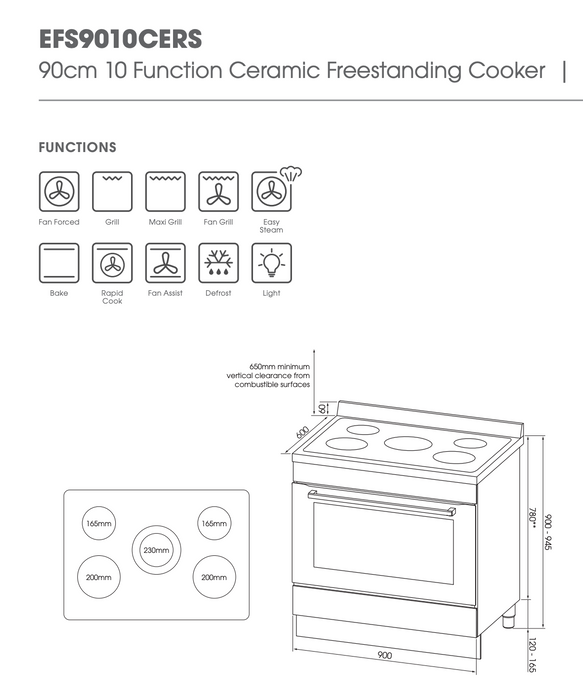 Euromaid 90cm Freestanding Oven with Ceramic Cooktop - Stainless Steel
