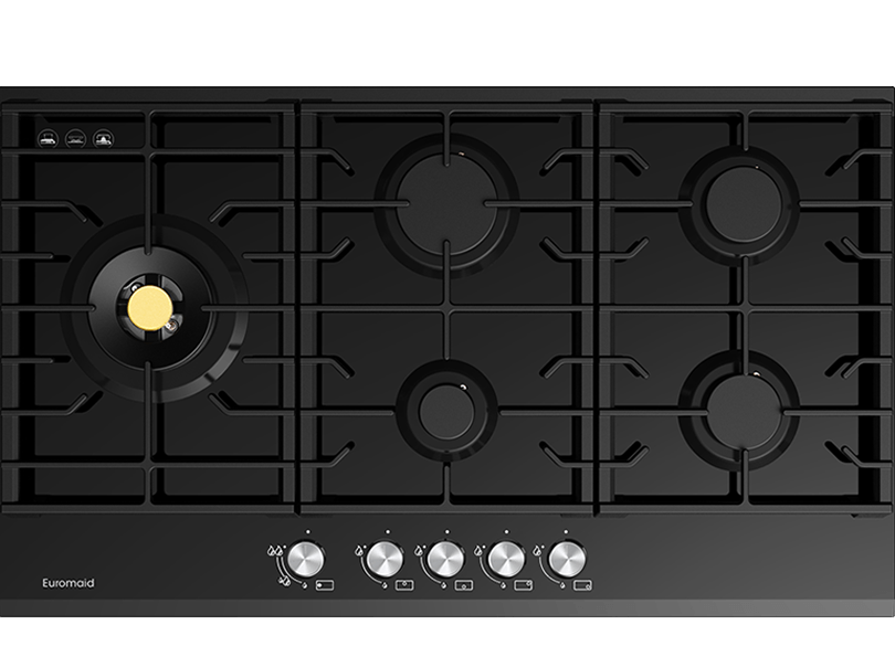 Euromaid 90cm Gas Cooktop With 5 Burners - Black Glass EC95GLB