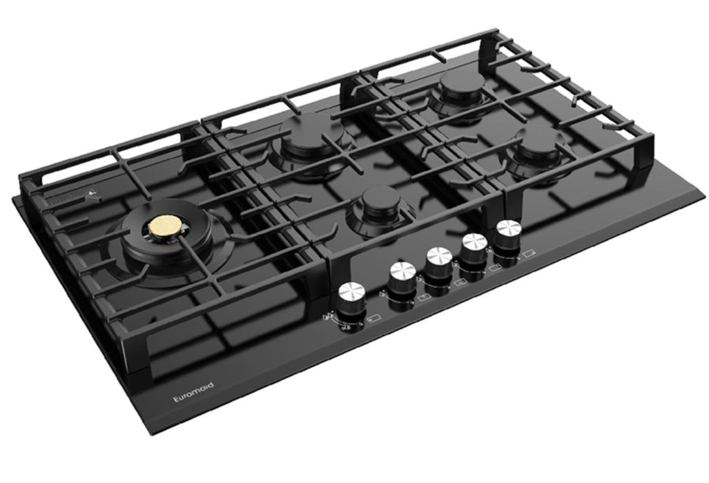 Euromaid 90cm Gas Cooktop With 5 Burners - Black Glass EC95GLB