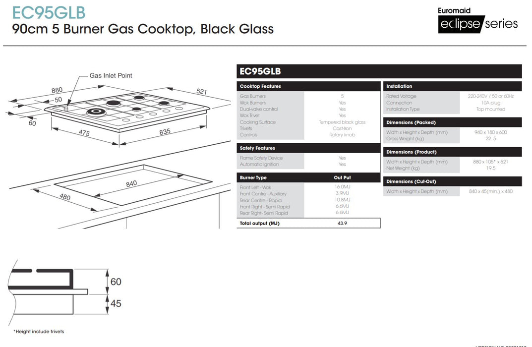 Euromaid 90cm Gas Cooktop With 5 Burners - Black Glass EC95GLB