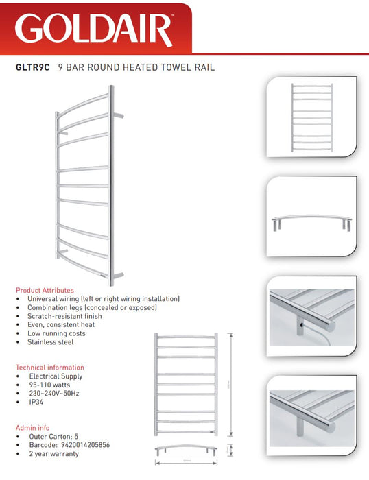Goldair Heated Towel Rail 9 Bar Stainless Steel GLTR9C