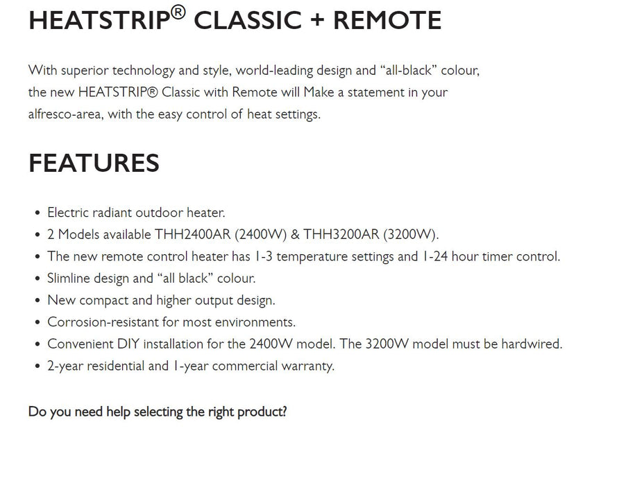 Heatstrip Classic Electric Radiant Outdoor Outside Heater 2400W + Remote - Black