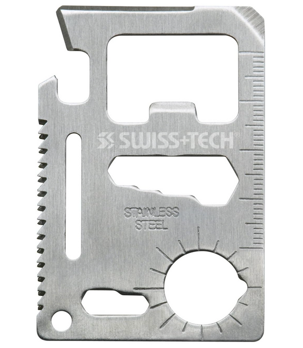 Swiss Tech Credit Card Multi-Tool 11-in-1 -  can opener, knife edge, screwdriver, ruler, bottle opener, 4-size wrench, wing nut wrench, saw blade, water compass,