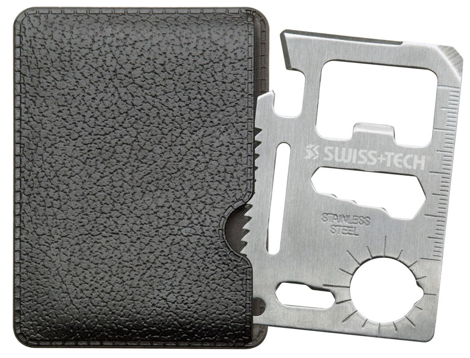 Swiss Tech Credit Card Multi-Tool 11-in-1 -  can opener, knife edge, screwdriver, ruler, bottle opener, 4-size wrench, wing nut wrench, saw blade, water compass,