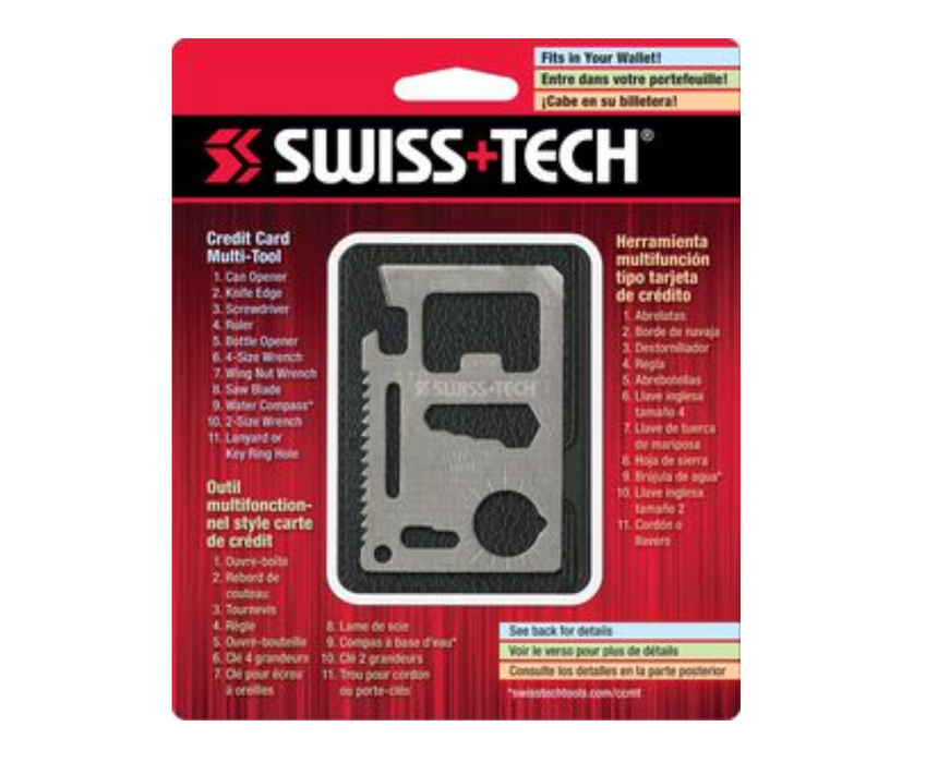 Swiss Tech Credit Card Multi-Tool 11-in-1 -  can opener, knife edge, screwdriver, ruler, bottle opener, 4-size wrench, wing nut wrench, saw blade, water compass,