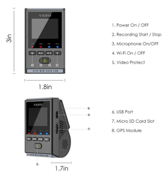 Viofo Dashcam A119Mini-G 2K 1440P 60Fps 5Ghz Wifi + Gps