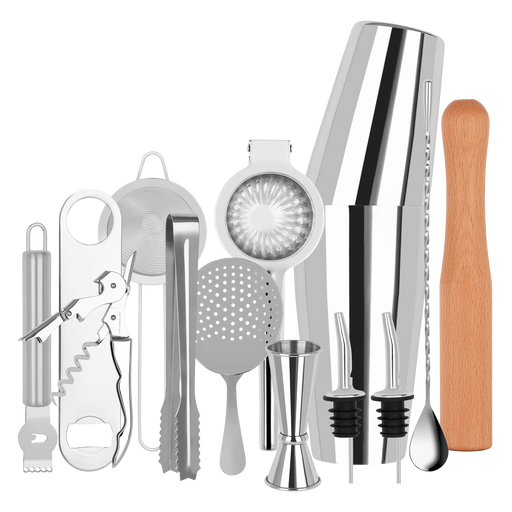 Zanzi Cocktail Set 14pc Stainless Steel In Bartender Roll