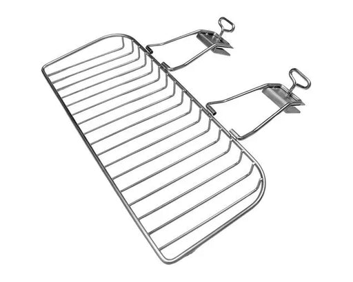 Stainless steel warming rack for grill with two clip-on attachments, suitable for outdoor cooking.