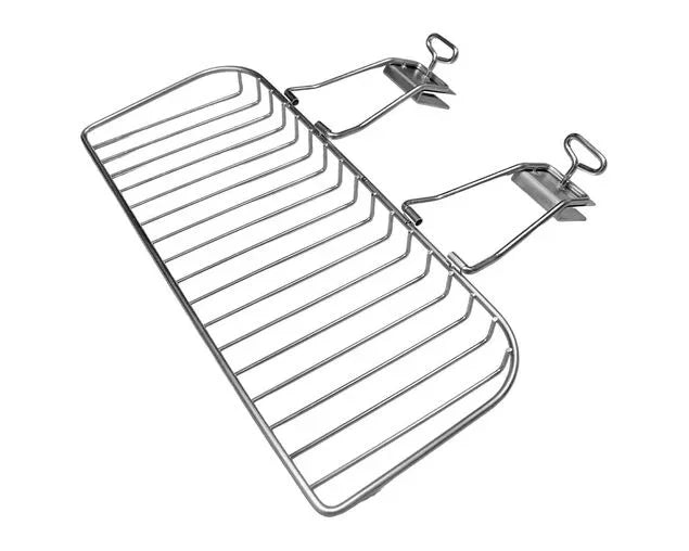 Stainless steel warming rack for grill with two clip-on attachments, suitable for outdoor cooking.