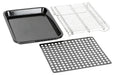Baking tray, wire rack, and perforated diffuser grill set on white background