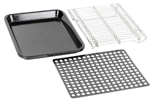 Baking tray, wire rack, and perforated diffuser grill set on white background