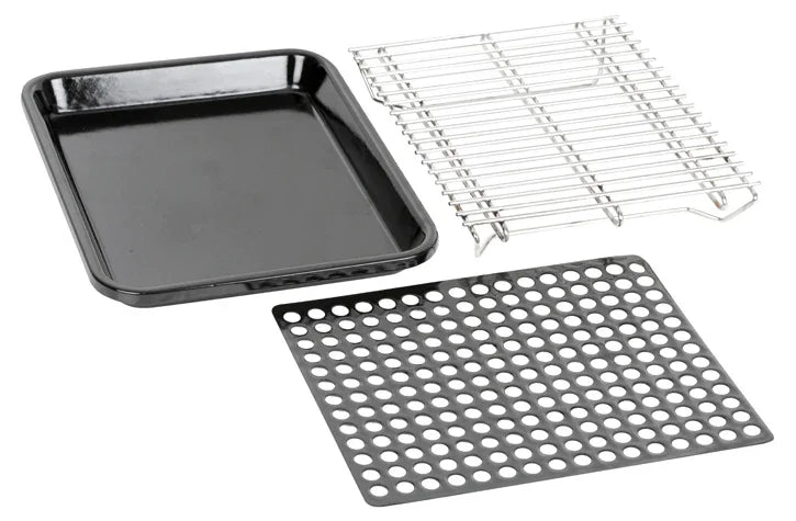 Baking tray, wire rack, and perforated diffuser grill set on white background