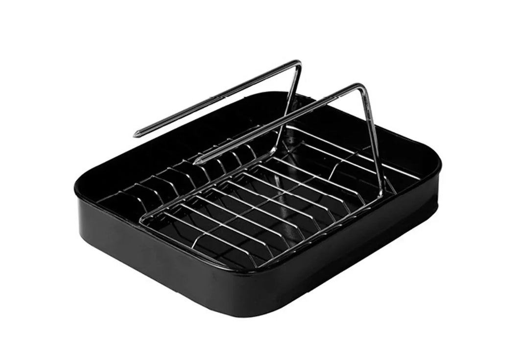 Black roasting pan with removable chrome rack for kitchen or outdoor cooking
