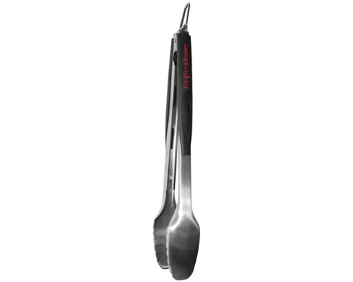 Stainless steel kitchen tongs with black handle and hanging loop on white background