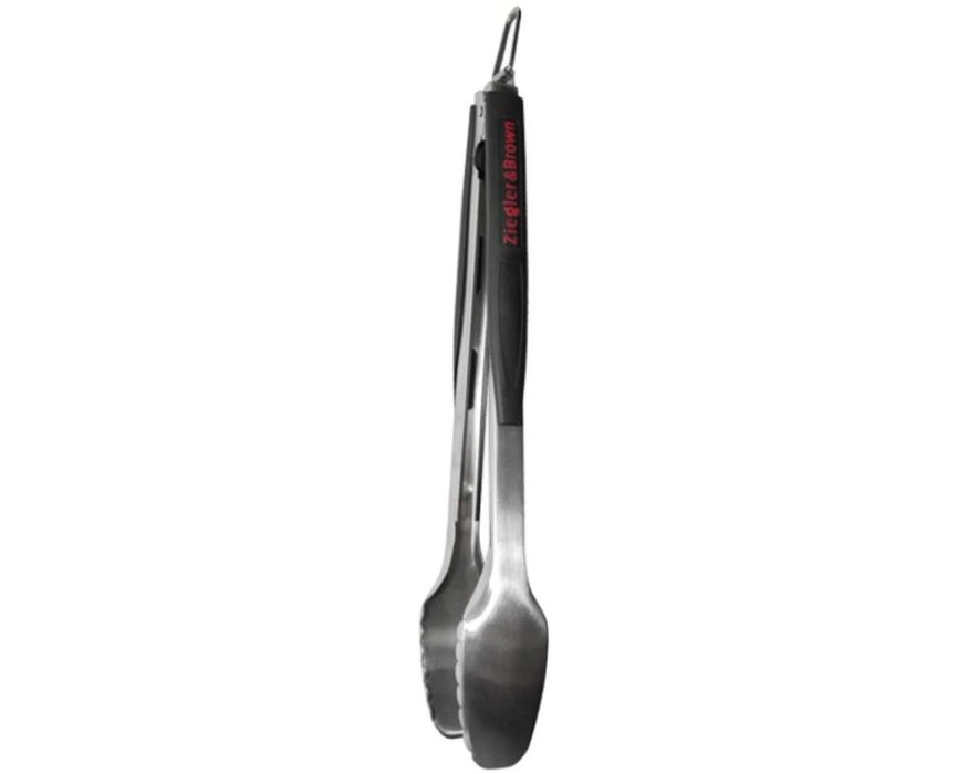 Stainless steel kitchen tongs with black handle and hanging loop on white background