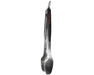 Stainless steel kitchen tongs with black handle and hanging loop on white background