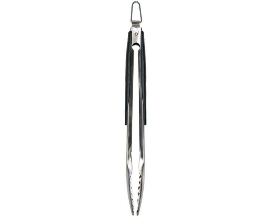 Stainless steel barbecue tongs with black handle and locking mechanism, isolated on white