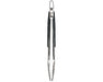 Stainless steel barbecue tongs with black handle and locking mechanism, isolated on white