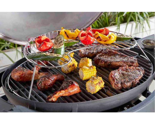 Twin grill warming rack with grilled vegetables, steak, chicken, and corn on barbecue