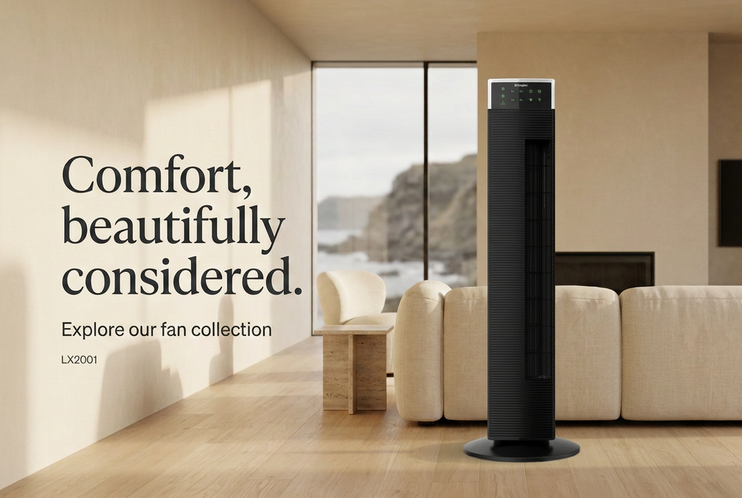 Elegant LX2001 banner featuring only the black tower fan