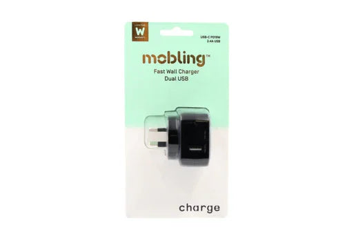 Mobling Wall Charger Dual Port USB-C PD20W + 2.4A USB Black - LX2001 - Homewares, Outdoor, Phone Accessories, Cases, Speakers, Headphones + More -