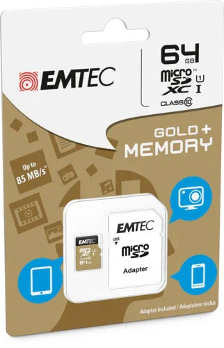 Emtec MicroSD Memory Card 64GB Class 10 With SD Adapter Gold - LX2001 - Homewares, Outdoor, Phone Accessories, Cases, Speakers, Headphones + More -