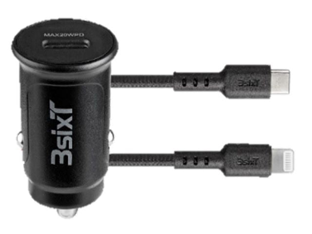3sixT Car Charger 20W + Tough USB-C to Lightning Cable Black