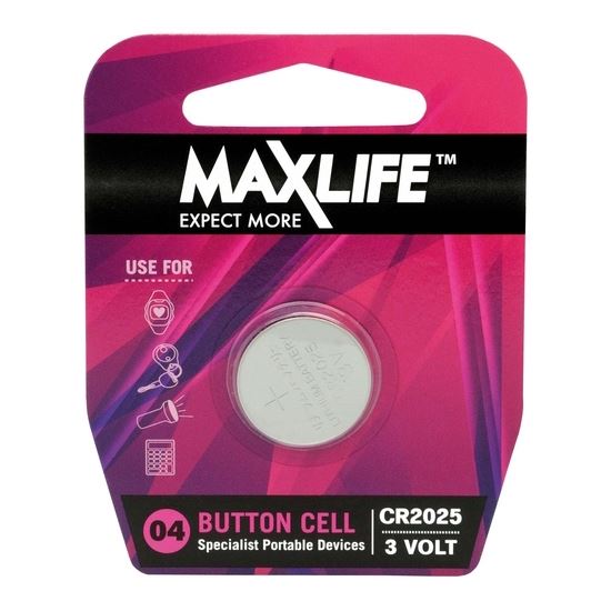 MAXLIFE CR2025 Lithium Button Cell Battery. 1Pk.