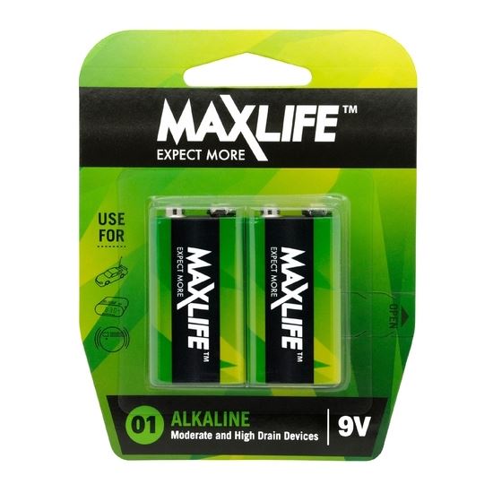 MAXLIFE 9V Alkaline Battery 2 Pack Long Lasting Alkaline Formula. Designed For E