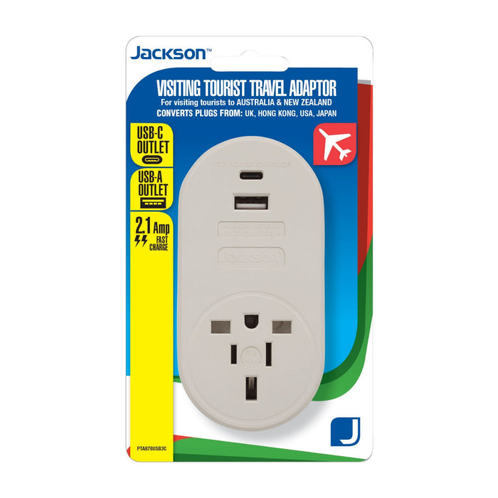 JACKSON Inbound Travel Adaptor with 1x USB-A and 1x USB-C (2.1A) Charging Ports.