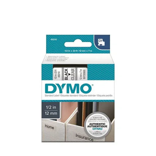 DYMO Genuine D1 Label Cassette Tape 12mm x 7M; Black on Clear. Suitable for the - LX2001 - Homewares, Outdoor, Phone Accessories, Cases, Speakers, Headphones + More -