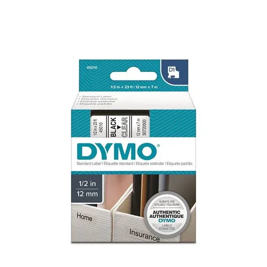 DYMO Genuine D1 Label Cassette Tape 12mm x 7M; Black on Clear. Suitable for the - LX2001 - Homewares, Outdoor, Phone Accessories, Cases, Speakers, Headphones + More -