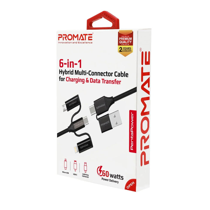 PROMATE 6-in-1 Hybrid 1.2m Multi-Connector Cable for Charging & Data Transfer. 6 - LX2001 - Homewares, Outdoor, Phone Accessories, Cases, Speakers, Headphones + More -