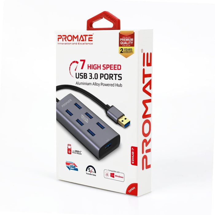 PROMATE Powered USB Hub with 7x USB 3.0 Ports Plus Additional USB-C Adaptor, Alu