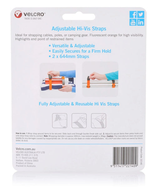 VELCRO Brand 25mm x 644mm 2 Pack Adjustable & Reusable Hi-Vis Straps Designed to - LX2001 - Homewares, Outdoor, Phone Accessories, Cases, Speakers, Headphones + More -