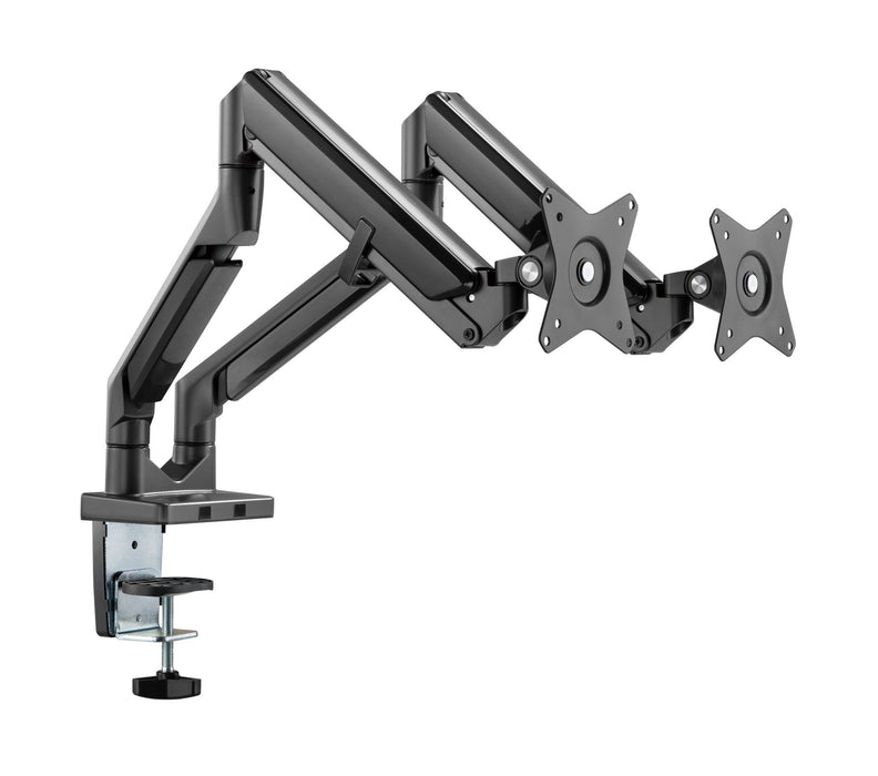 BRATECK 17''-32'' Polished Aluminium Gas-Spring Desk Mount Duel Monitor Arm. Sup