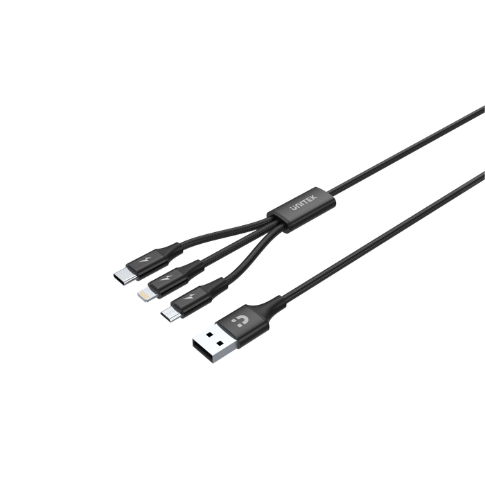UNITEK 1.2m USB 3-in-1 Charge Cable. Integrated USB-A to Micro-B, Lightning Conn
